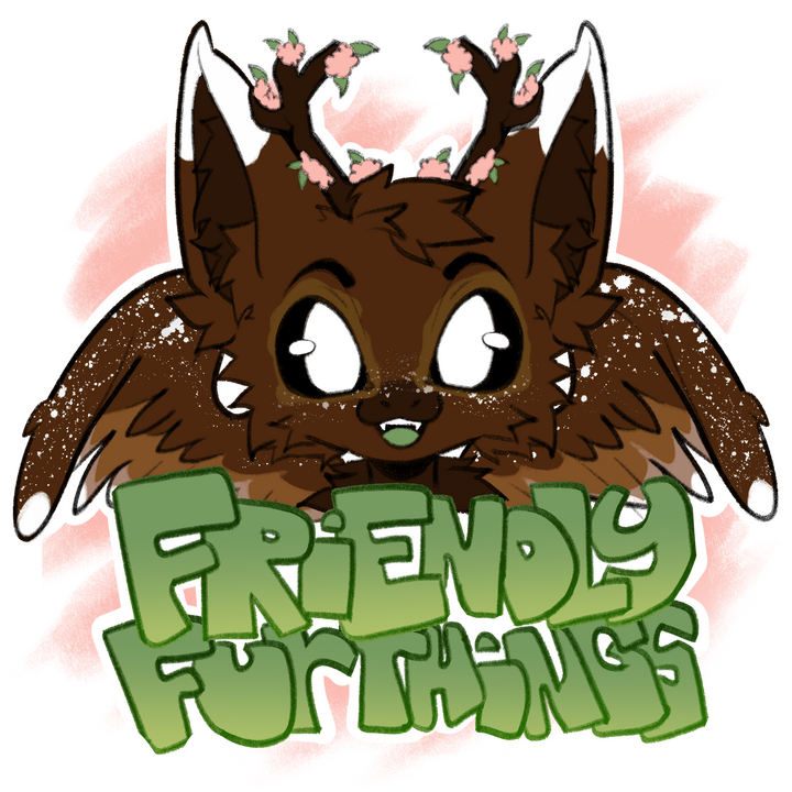 Logo for business “FriendlyFurThings”. Pitch black background with words forming a circle that read “FriendlyFurThings” and in smaller text “Hand-Crafted Fursuits” in white lettering. Inside the circle of words is a black and white snow leopard animal “mas
